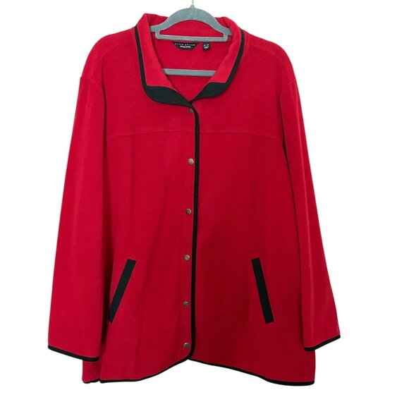 Susan Graver Weekend 3X Red Fleece Snap-Front Jacket Black Trimmed Collar Pocket - Picture 1 of 12